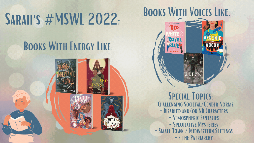 Sarah's #MSWL 2021: 

Books with Energy Like: The Inheritance Games by Jennifer Lynn Barnes, Cemetery Boys by Aiden Thomas, The Wild Ones by Nafiza Azad, Little Thieves by Margaret Owen. 

Books with Voices Like: Red, White & Royal Blue by Casey McQuiston, Arsenic and Adobo by Mia P. Manansala, Gideon the Ninth by Tamsyn Muir.

Special Topics: Challenging Societal/Gender Norms, Disabled and/or ND characters, Atmospheric Fantasies, Speculative Mysteries, Small Town/Midwestern Settings, F the Patriarchy